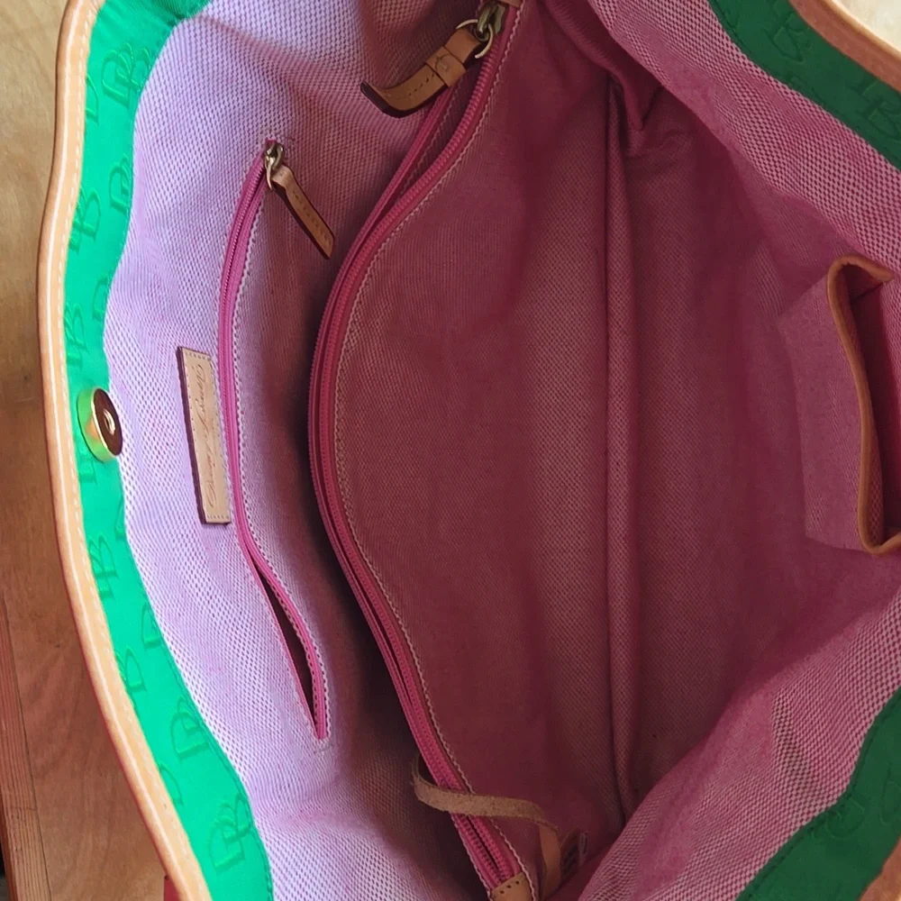 Dooney &Bourke Green and Tan Suede Tote with Leather Trim - Picture 5 of 10